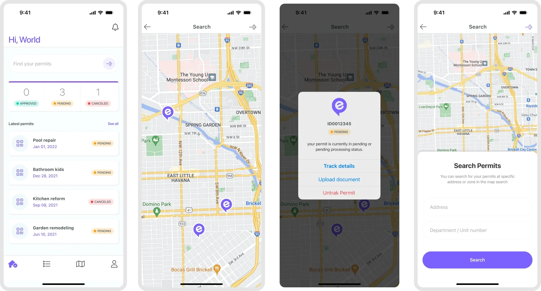 EasyPermit screens: home, map search, permit alert and search