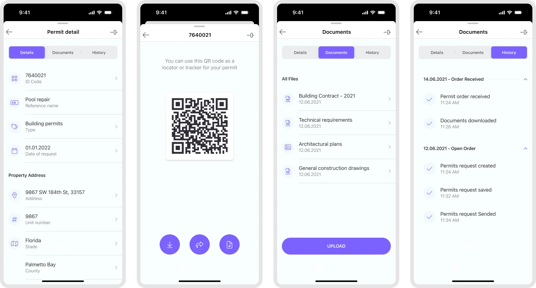 EasyPermit screens: permit detail, QR code, documents and history