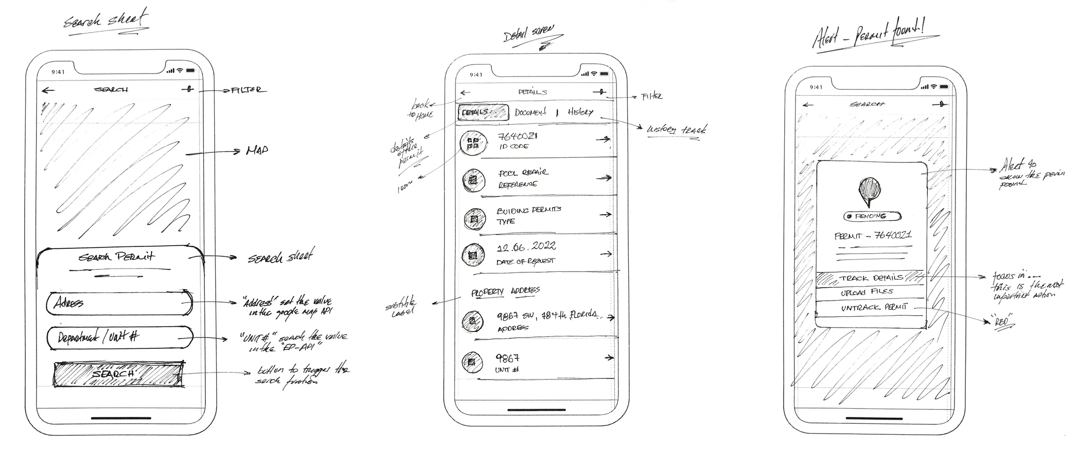 Hand-drawn wireframes: search, permit detail and permit alert