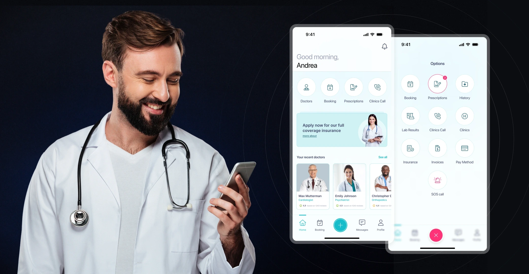 A doctor smiling at his phone next to the NovacsHealth home and options screens