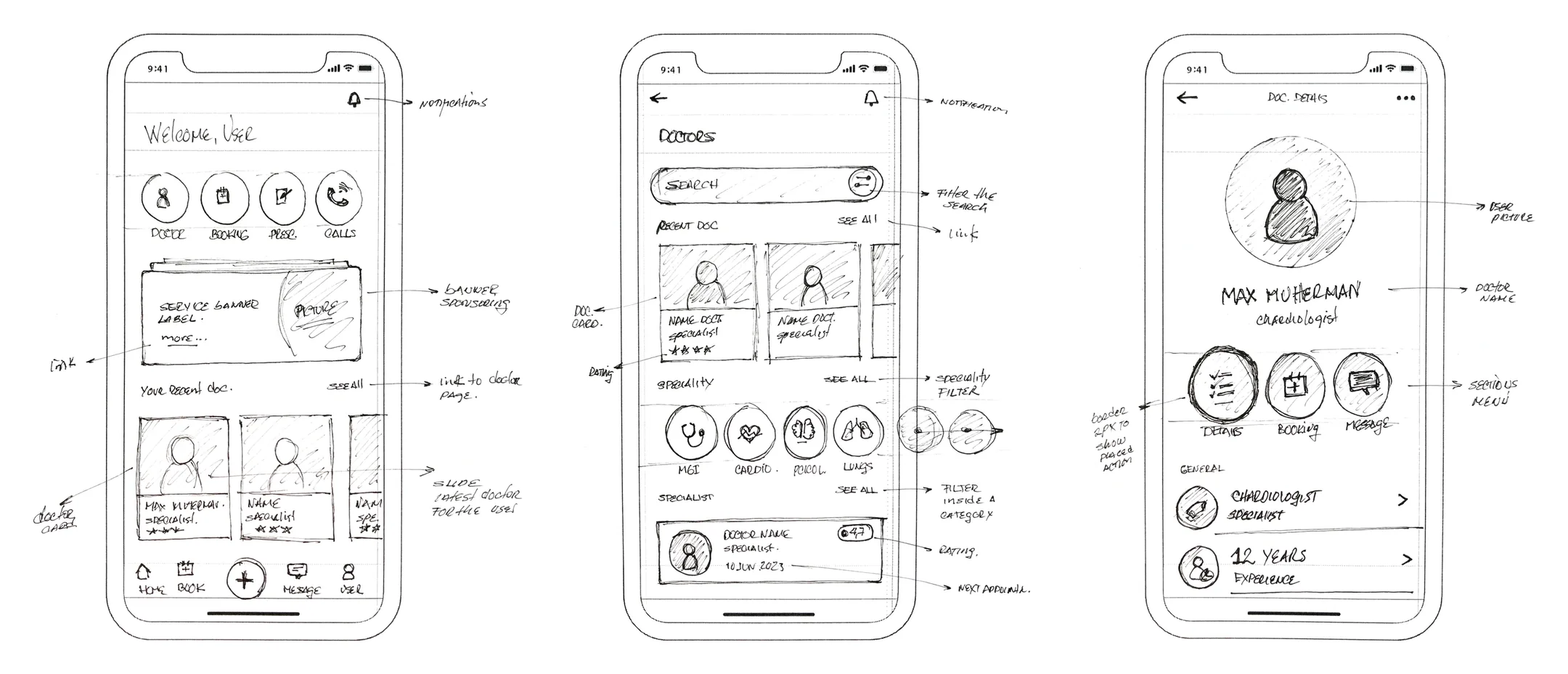 Hand-drawn wireframes: home, doctors and doctor details
