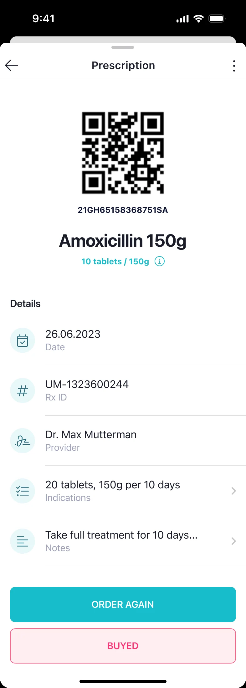Prescription with QR code